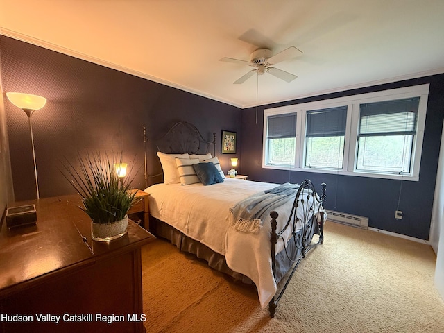 300 Pines Dr Unit 44-6, Roxbury, NY 12474 - bedroom with carpet flooring, baseboard heating, ornamental molding, baseboards, and a ceiling fan