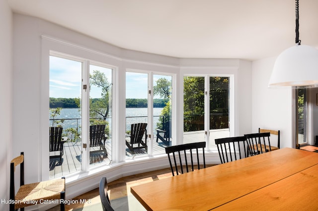 dining area with hardwood / wood-style flooring, plenty of natural light, and a water view