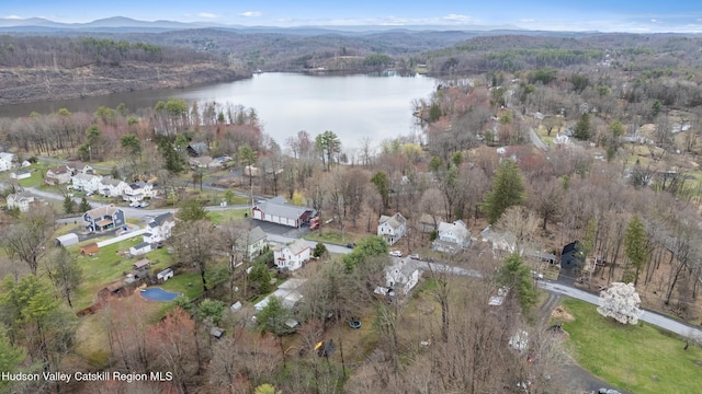 bird's eye view featuring a water and mountain view and a wooded view