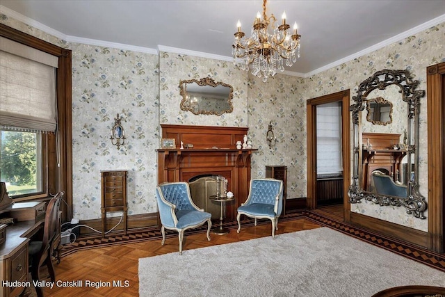 1 Waddell Ave, Fort Plain, NY 13339 - sitting room with a chandelier, baseboards, and crown molding