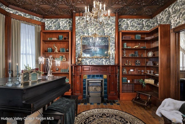 1 Waddell Ave, Fort Plain, NY 13339 - living area featuring an ornate ceiling, a high end fireplace, a chandelier, hardwood / wood-style floors, and healthy amount of natural light