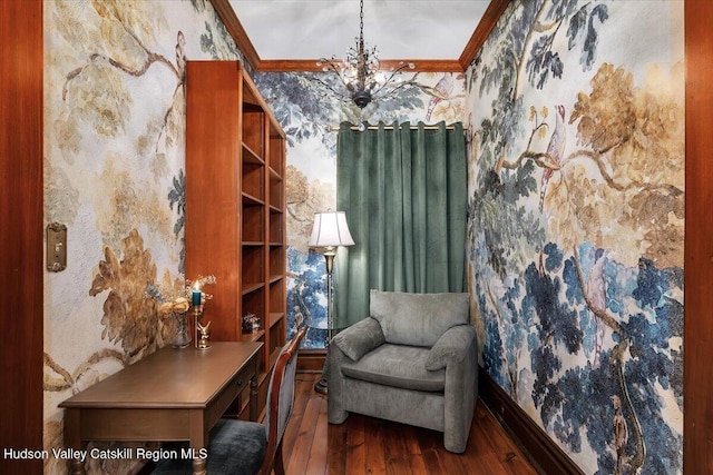 1 Waddell Ave, Fort Plain, NY 13339 - living area featuring wallpapered walls, wood-type flooring, crown molding, and a chandelier