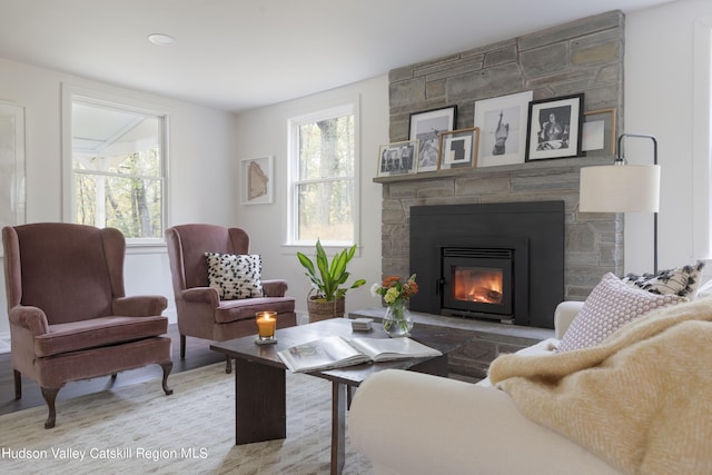 living room with a stone fireplace and light wood-type flooring