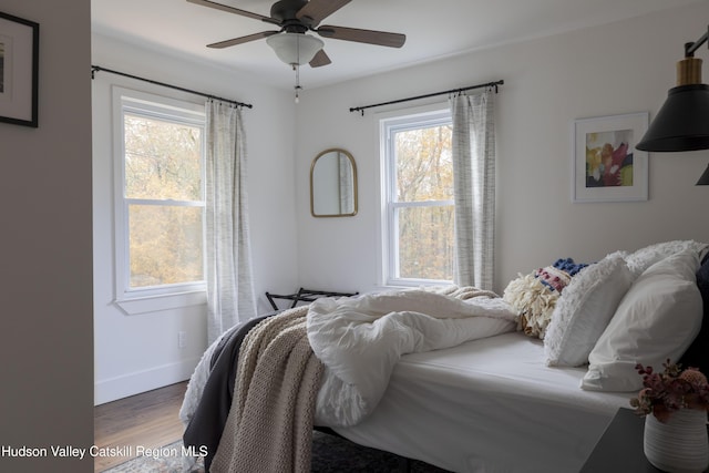 bedroom featuring ceiling fan, wood-type flooring, and multiple windows