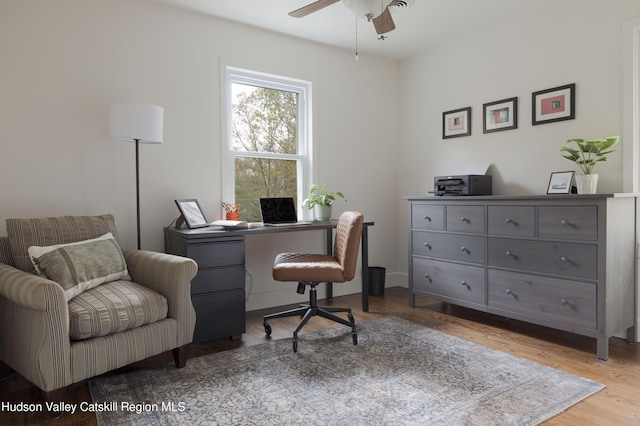 office area featuring hardwood / wood-style floors and ceiling fan