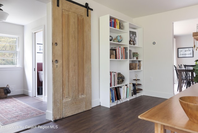 interior space with a barn door and dark hardwood / wood-style floors