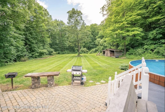 view of yard with a storage shed and a patio