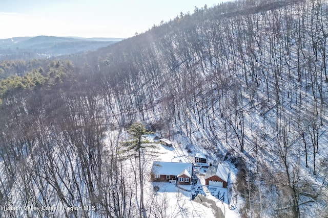 snowy aerial view with a mountain view