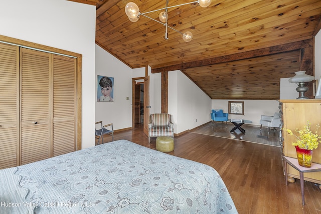 bedroom with baseboards, vaulted ceiling, wood ceiling, and hardwood / wood-style floors