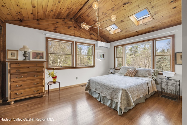 bedroom with wood ceiling, lofted ceiling with skylight, a wall mounted AC, and hardwood / wood-style floors