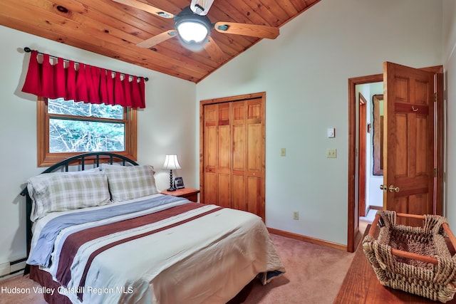 bedroom featuring wood ceiling, light colored carpet, ceiling fan, a closet, and lofted ceiling