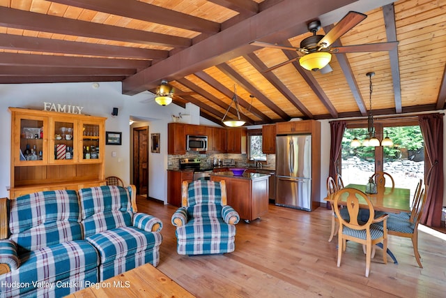 living room featuring wooden ceiling, sink, light hardwood / wood-style flooring, vaulted ceiling with beams, and ceiling fan