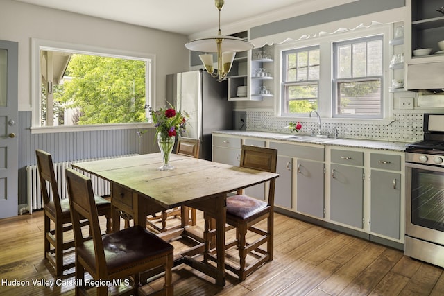 827 Union St, Hudson, NY 12534 - kitchen featuring stainless steel appliances, open shelves, plenty of natural light, and light wood-style flooring