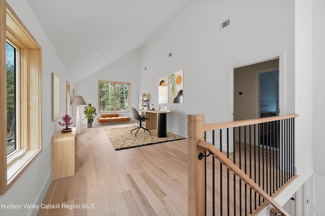 corridor featuring hardwood / wood-style flooring, a wealth of natural light, and high vaulted ceiling