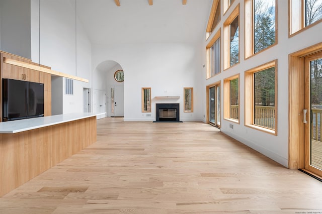 unfurnished living room with light wood-type flooring and a towering ceiling