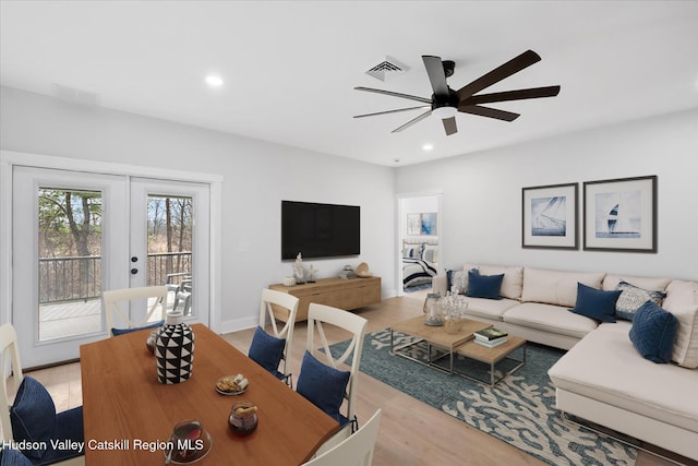 26 Debbie Dr, Athens, NY 12015 - living room featuring french doors, a ceiling fan, wood finished floors, and recessed lighting
