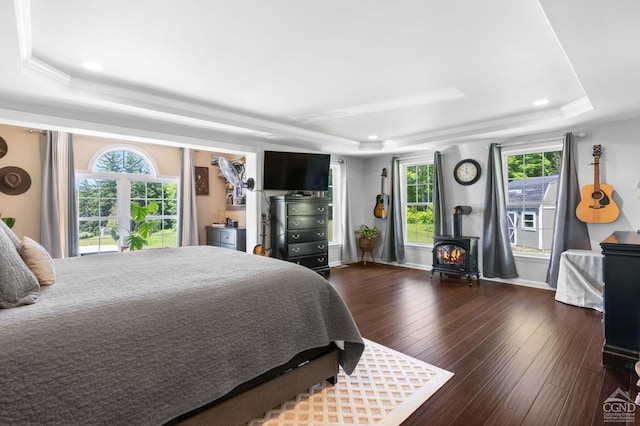 174 Grove School Rd, Catskill, NY 12414 - bedroom with a raised ceiling, a wood stove, wood-type flooring, and recessed lighting