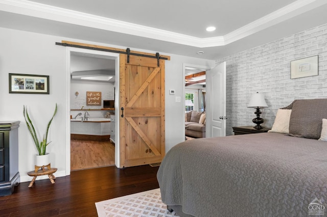 174 Grove School Rd, Catskill, NY 12414 - bedroom with a barn door, wood-type flooring, crown molding, and recessed lighting