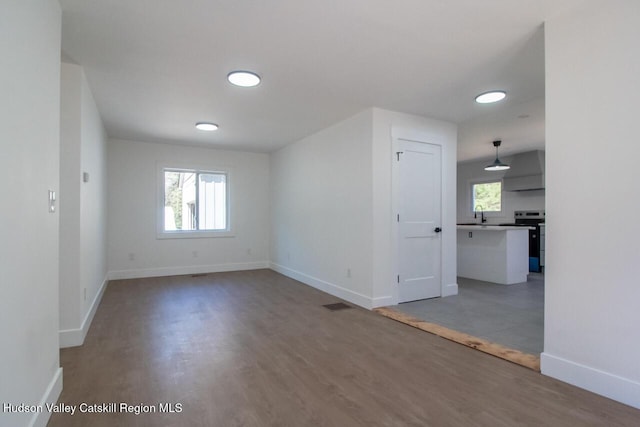 spare room featuring baseboards, a sink, a wealth of natural light, and wood finished floors