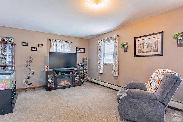 14 Montross St, Saugerties, NY 12477 - living area featuring baseboard heating, carpet floors, and baseboards