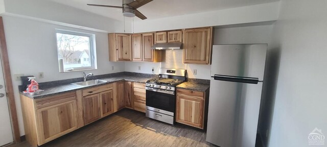 14 Montross St, Saugerties, NY 12477 - kitchen featuring appliances with stainless steel finishes, a sink, under cabinet range hood, and dark countertops