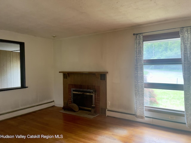 18 Marys Ave, Saugerties, NY 12477 - unfurnished living room featuring wood finished floors, a baseboard heating unit, a fireplace with flush hearth, and crown molding