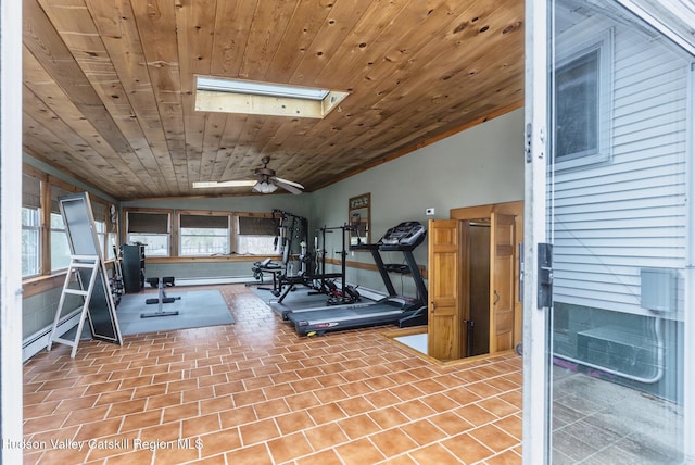 workout room featuring baseboard heating, baseboards, lofted ceiling with skylight, and ceiling fan