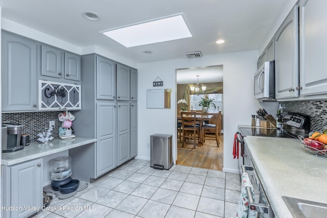 kitchen with stainless steel microwave, electric range, visible vents, a skylight, and decorative backsplash