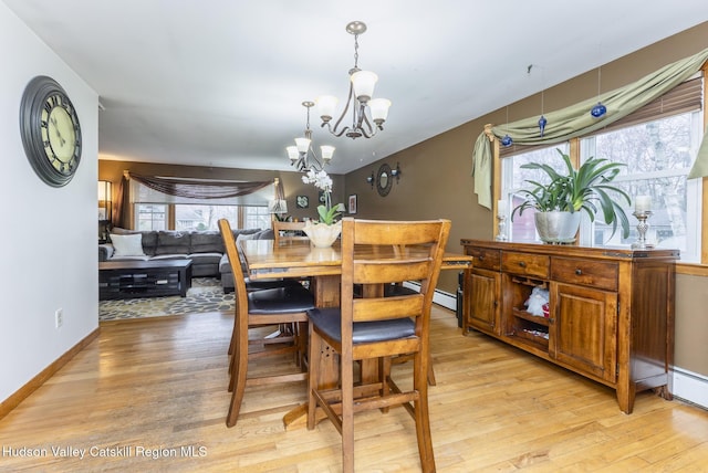 dining area featuring light wood-type flooring, baseboards, and a chandelier