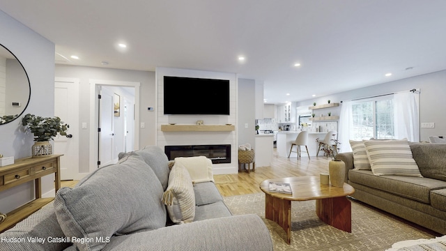 living room featuring light hardwood / wood-style flooring and a large fireplace