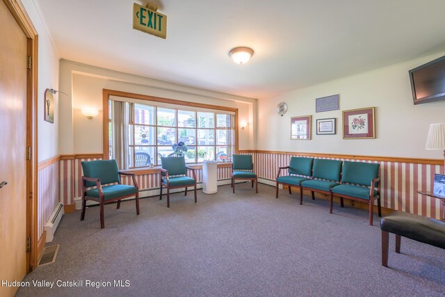 66 Green, Hudson, NY 12534 - living area featuring carpet floors, a baseboard heating unit, and wainscoting
