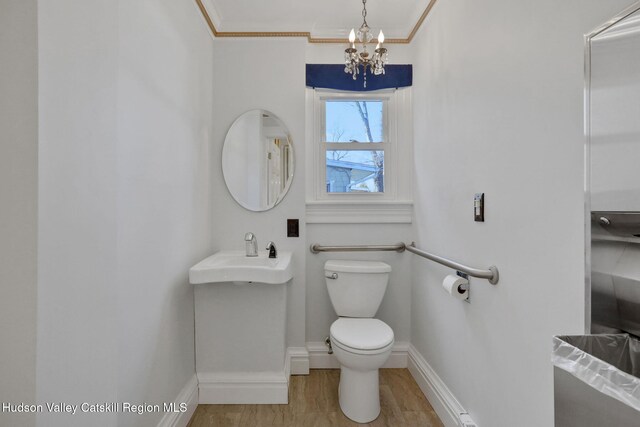 bathroom with crown molding, a sink, wood finished floors, baseboards, and an inviting chandelier