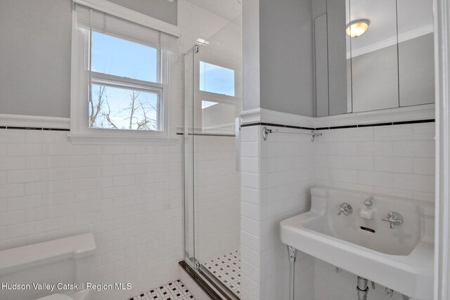 full bathroom with tile walls, toilet, a sink, a stall shower, and wainscoting
