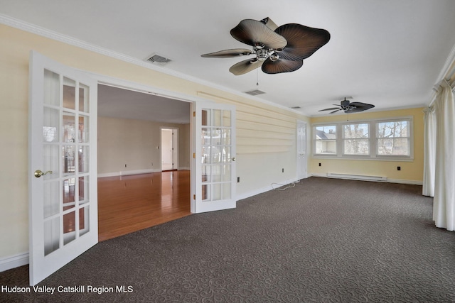 unfurnished room with french doors, ornamental molding, a baseboard heating unit, and visible vents