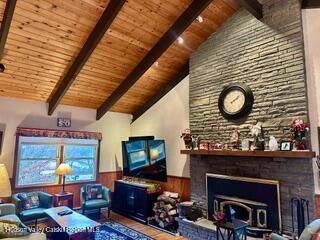 212 S St, Windham, NY 12496 - living room featuring wooden ceiling, a fireplace, and a wainscoted wall