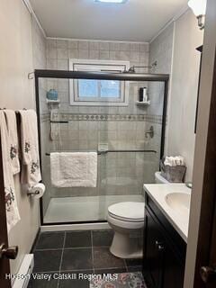 212 S St, Windham, NY 12496 - full bath with toilet, vanity, a stall shower, and tile patterned floors