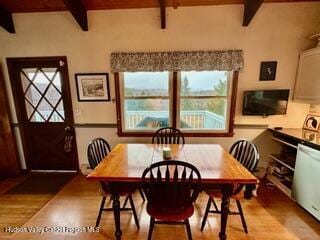 212 S St, Windham, NY 12496 - dining space with wood finished floors and beamed ceiling