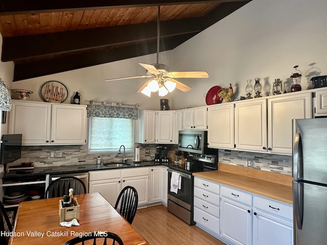 212 S St, Windham, NY 12496 - kitchen featuring appliances with stainless steel finishes, a sink, white cabinets, wood ceiling, and a ceiling fan