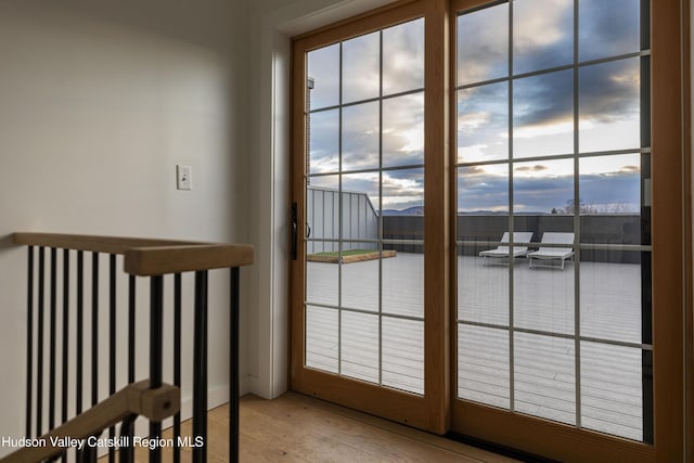 doorway to outside with a water view, light hardwood / wood-style floors, and plenty of natural light