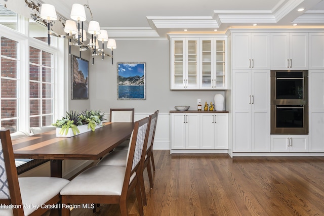 1 Stoneridge Dr, Loudonville, NY 12211 - dining area with crown molding, a chandelier, dark wood-type flooring, and recessed lighting