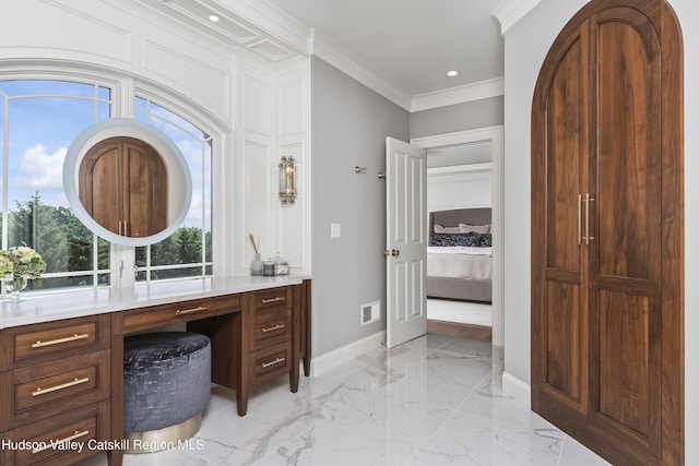 1 Stoneridge Dr, Loudonville, NY 12211 - ensuite bathroom featuring marble tiled flooring, crown molding, recessed lighting, and vanity