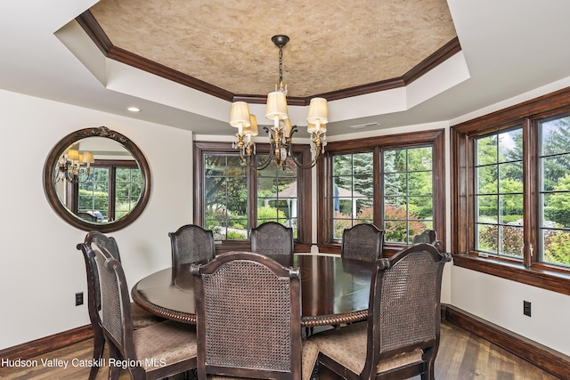 1 Stoneridge Dr, Loudonville, NY 12211 - dining area featuring a chandelier, a tray ceiling, crown molding, wood finished floors, and recessed lighting