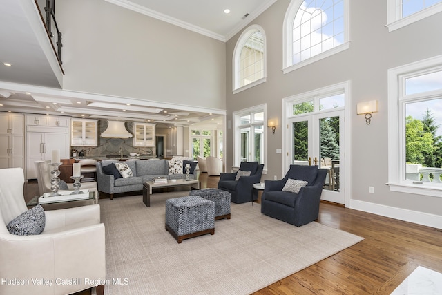1 Stoneridge Dr, Loudonville, NY 12211 - living room featuring wood finished floors, crown molding, french doors, a high ceiling, and recessed lighting