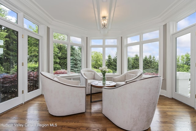 1 Stoneridge Dr, Loudonville, NY 12211 - sunroom / solarium featuring french doors, crown molding, wood finished floors, and a wooden deck