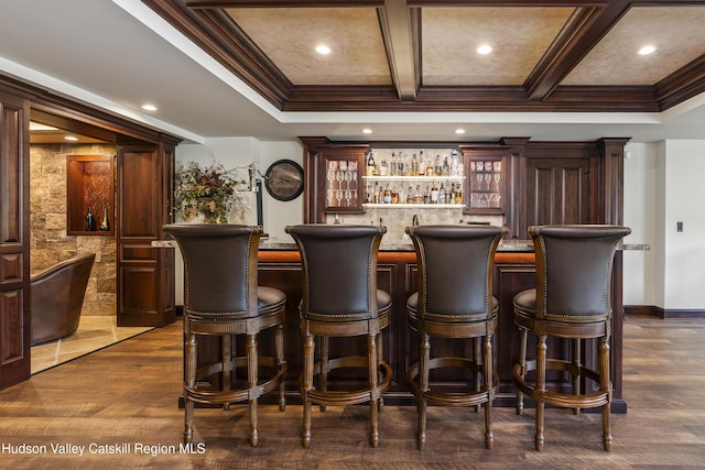 1 Stoneridge Dr, Loudonville, NY 12211 - indoor bar with crown molding, recessed lighting, coffered ceiling, and beam ceiling