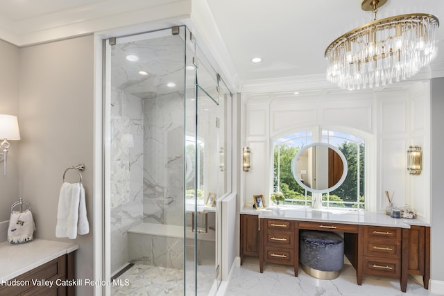 1 Stoneridge Dr, Loudonville, NY 12211 - full bath with marble look tiles, a marble finish shower, vanity, a chandelier, and ornamental molding