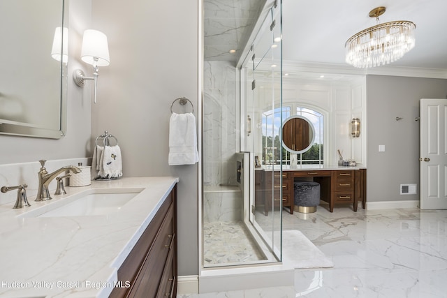 1 Stoneridge Dr, Loudonville, NY 12211 - full bath featuring marble tiled floors, vanity, a marble finish shower, crown molding, and a chandelier