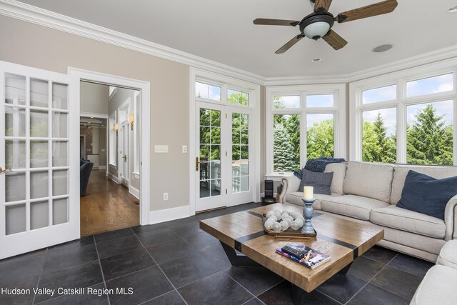 1 Stoneridge Dr, Loudonville, NY 12211 - living room featuring french doors, crown molding, a ceiling fan, and tile patterned flooring