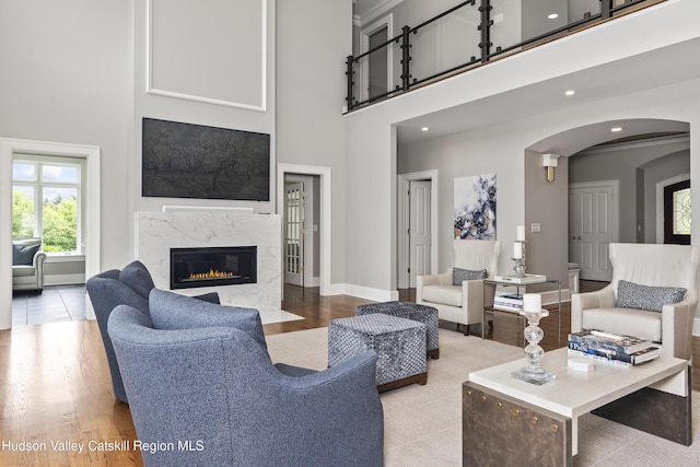 1 Stoneridge Dr, Loudonville, NY 12211 - living area featuring wood finished floors, a premium fireplace, a high ceiling, and arched walkways