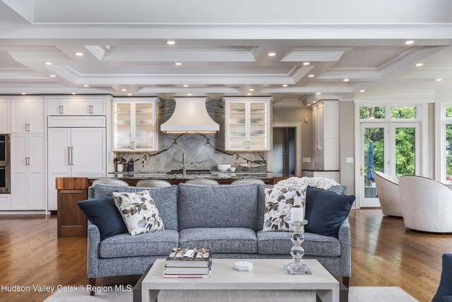 1 Stoneridge Dr, Loudonville, NY 12211 - living room with crown molding, wood finished floors, and recessed lighting